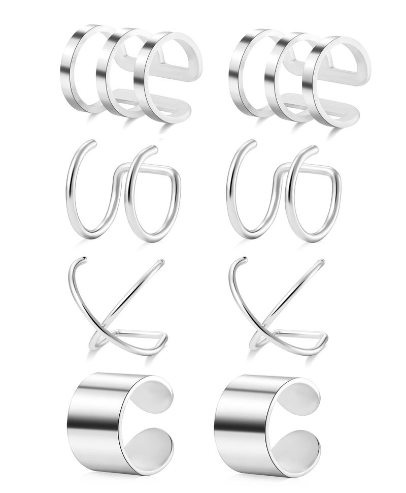 Tornito 4-10 Pairs Stainless Steel Ear Cuff Helix Cartilage Clip On Wrap Earrings Fake Nose Ring Non-Piercing Adjustable (A4: 4 Pairs, Silver Tone) - Image 1